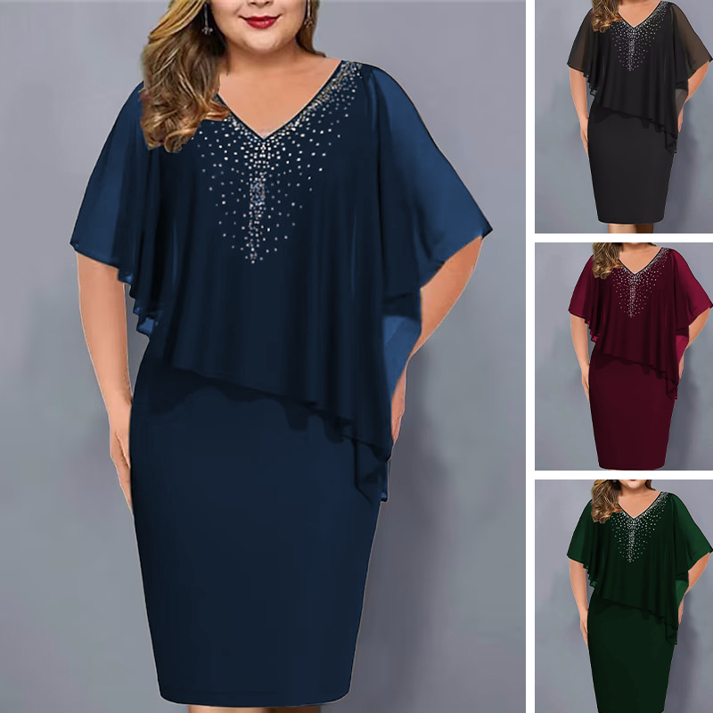✈️Köp 2 set med fri frakt✨Klänning med strass, V-ringning och chiffongöverdrag