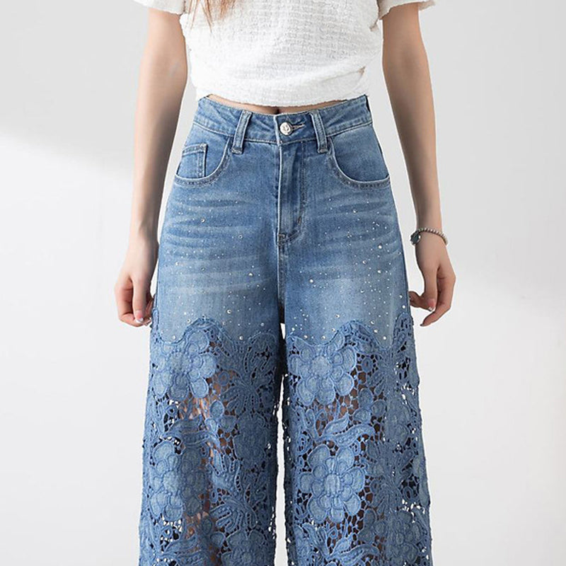 🌸Sommarfynd 49% RABATT🌸Dambyxor med hög midja i blå denim och vida ben med utskurna spetspaneler