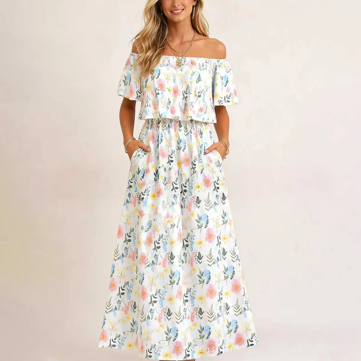 🔥Damklänning med axelbandslös design, bröllopsgästklänning, sommarcasual lång volangklänning med sidospalt för fest, beach maxiklänningar