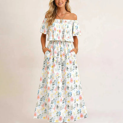 🔥Damklänning med axelbandslös design, bröllopsgästklänning, sommarcasual lång volangklänning med sidospalt för fest, beach maxiklänningar