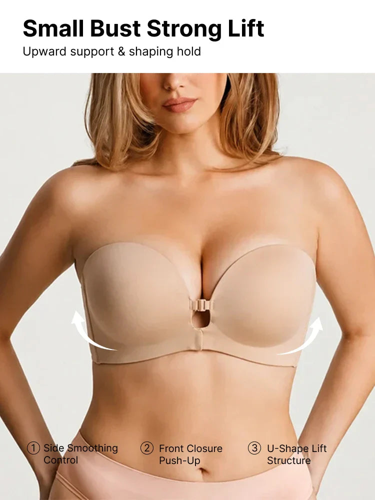Dam axelbandslösa push-up-bh med framknäppning