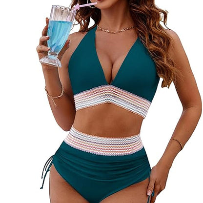 Bikiniset med hög midja och magkontroll i färgblockerade färger