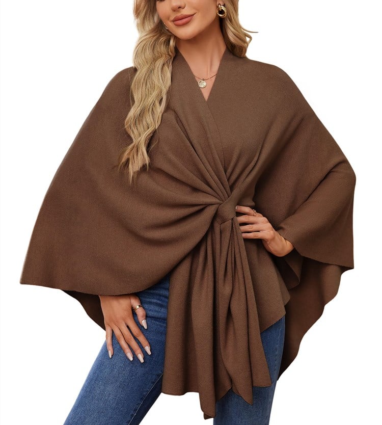 Elegant sjalomslagströja med öppen front och poncho