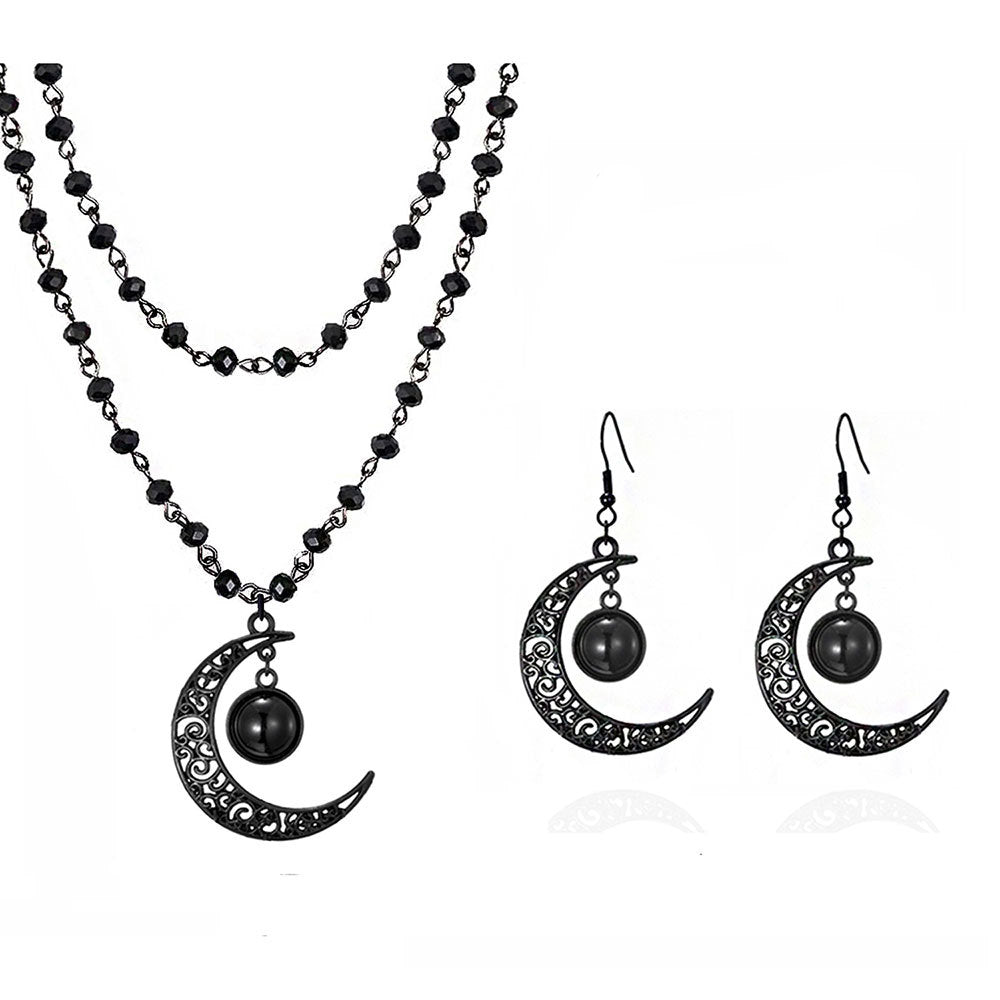 📢📢40% RABATT !! ⏰Gotiskt halsband med pärlkedja av mörk kristall och hänge i legering med urholkad måne