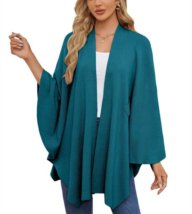 Elegant sjalomslagströja med öppen front och poncho