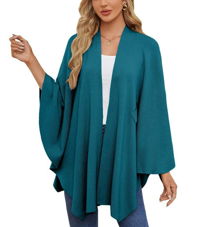 Elegant sjalomslagströja med öppen front och poncho