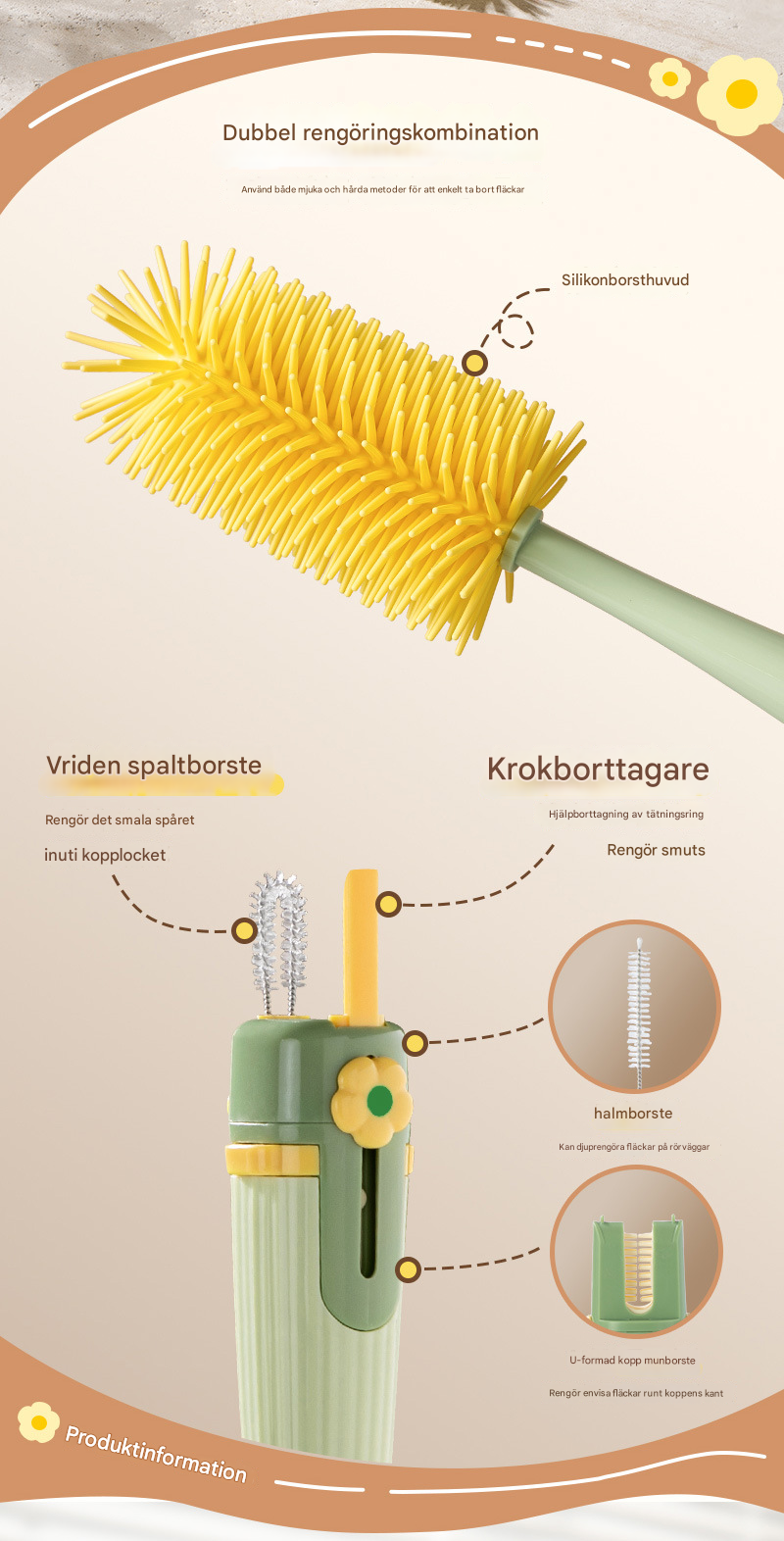 🧽✨ Fem-i-ett multifunktionell kopp- och flaskborste 🧼 Långt handtag | För rengöring av termosflaskor, koppar och nappflaskor