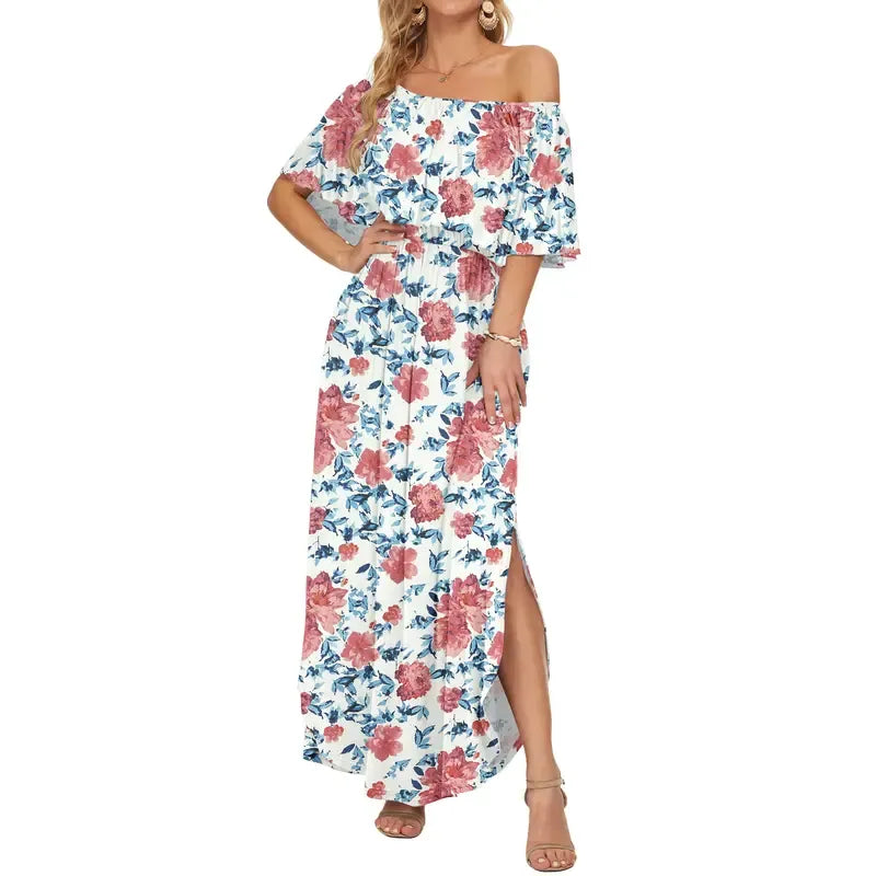 🔥Damklänning med axelbandslös design, bröllopsgästklänning, sommarcasual lång volangklänning med sidospalt för fest, beach maxiklänningar