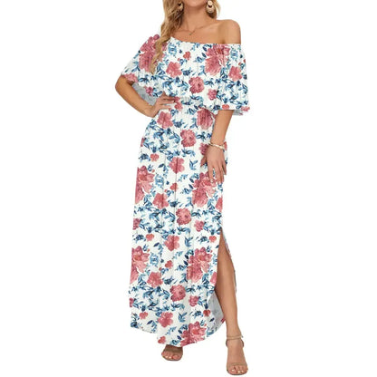 🔥Damklänning med axelbandslös design, bröllopsgästklänning, sommarcasual lång volangklänning med sidospalt för fest, beach maxiklänningar