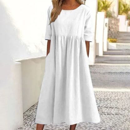✈️Köp 3 få fri frakt 10% rabatt🔥Summer Hot Sale🔥Rundhalsficka  bomullsklänning