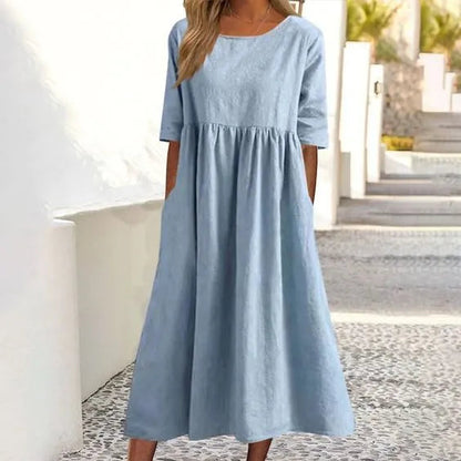 ✈️Köp 3 få fri frakt 10% rabatt🔥Summer Hot Sale🔥Rundhalsficka  bomullsklänning