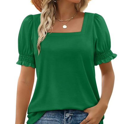 🍃 Damernas avslappnad kvadratringad T-shirt med veckade ärmar