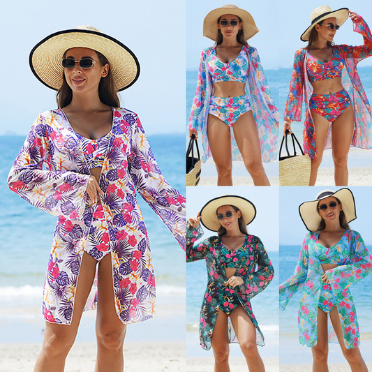 ⭐ "2 st = fri frakt" 🌊🐚🌴Blooming Magic of Summer - tredelad bikinibaddräkt i mesh för kvinnor