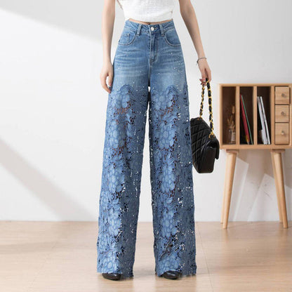 🌸Sommarfynd 49% RABATT🌸Dambyxor med hög midja i blå denim och vida ben med utskurna spetspaneler