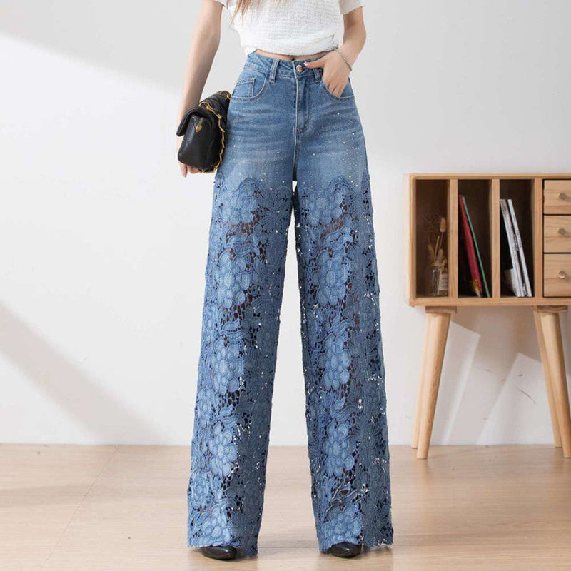 🌸Sommarfynd 49% RABATT🌸Dambyxor med hög midja i blå denim och vida ben med utskurna spetspaneler