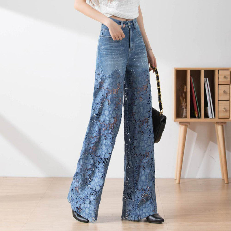 🌸Sommarfynd 49% RABATT🌸Dambyxor med hög midja i blå denim och vida ben med utskurna spetspaneler