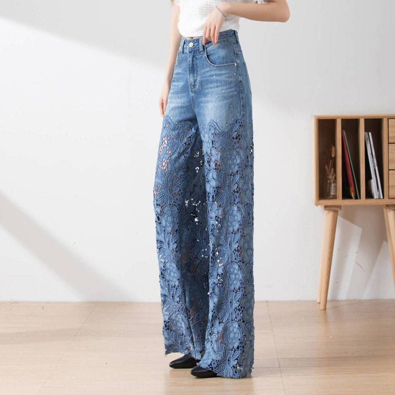 🌸Sommarfynd 49% RABATT🌸Dambyxor med hög midja i blå denim och vida ben med utskurna spetspaneler