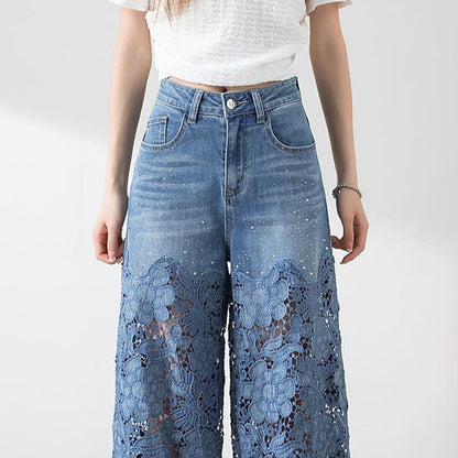 🌸Sommarfynd 49% RABATT🌸Dambyxor med hög midja i blå denim och vida ben med utskurna spetspaneler