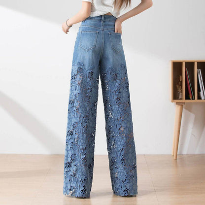 🌸Sommarfynd 49% RABATT🌸Dambyxor med hög midja i blå denim och vida ben med utskurna spetspaneler