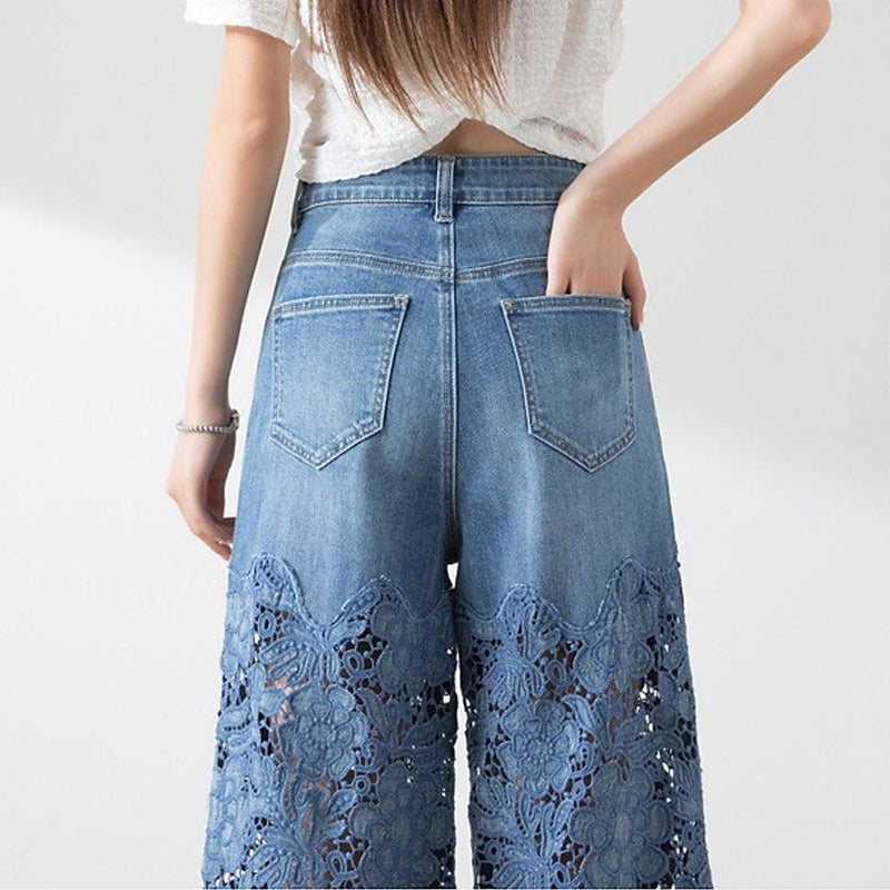 🌸Sommarfynd 49% RABATT🌸Dambyxor med hög midja i blå denim och vida ben med utskurna spetspaneler