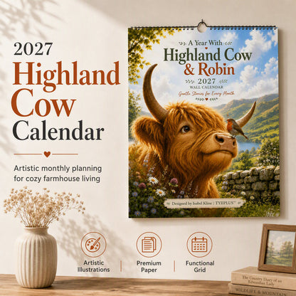 🐮📅 2027 Highland Cow-kalender – Nyckfull Highland Cow-konstverk för ett mysigt & charmigt hem ✨🏡