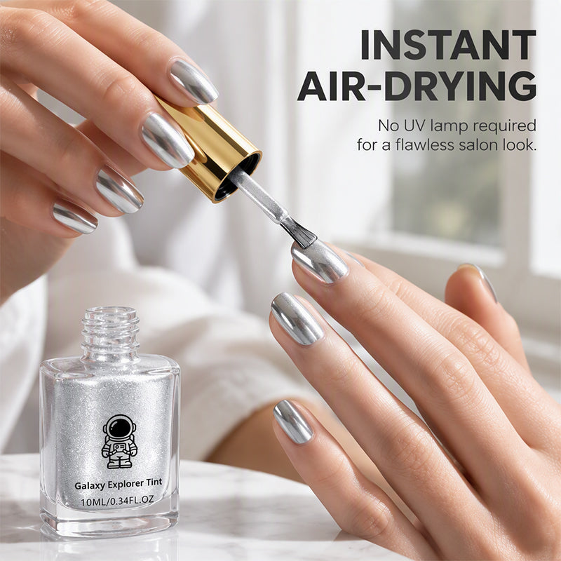 📢📢KÖP 1 FÅ 2 GRATIS !! ⏰ Nagellack utan härdning — Galaxy Chrome Silver, Snabbt lufttorkande, Ingen UV-lampa