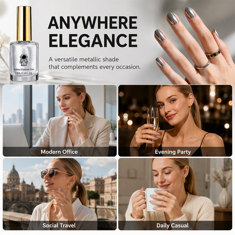 📢📢KÖP 1 FÅ 2 GRATIS !! ⏰ Nagellack utan härdning — Galaxy Chrome Silver, Snabbt lufttorkande, Ingen UV-lampa