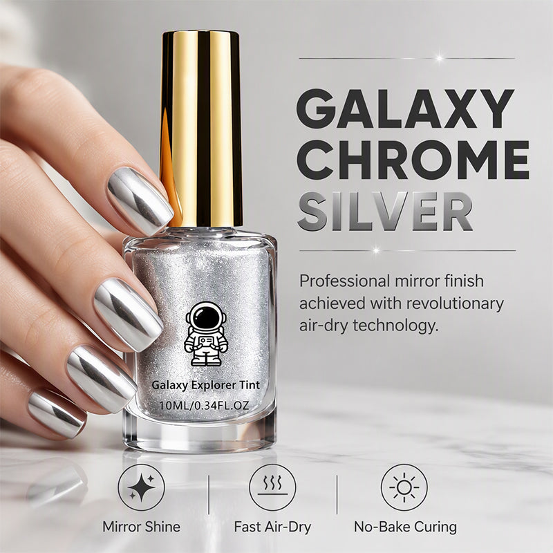 📢📢KÖP 1 FÅ 2 GRATIS !! ⏰ Nagellack utan härdning — Galaxy Chrome Silver, Snabbt lufttorkande, Ingen UV-lampa