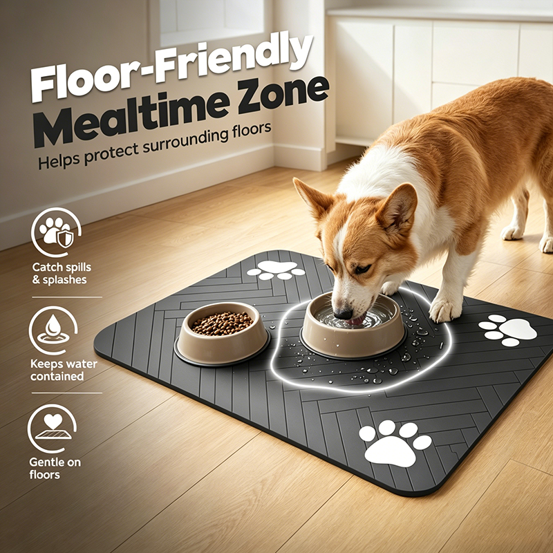 📢📢60% RABATT !! ⏰ Lättstädad matta för husdjursmatning – Stänksäker yta av kiselgur, Texturerat halkskydd & Golvvänlig design – Håll matningsområden snygga på några sekunder 🧼