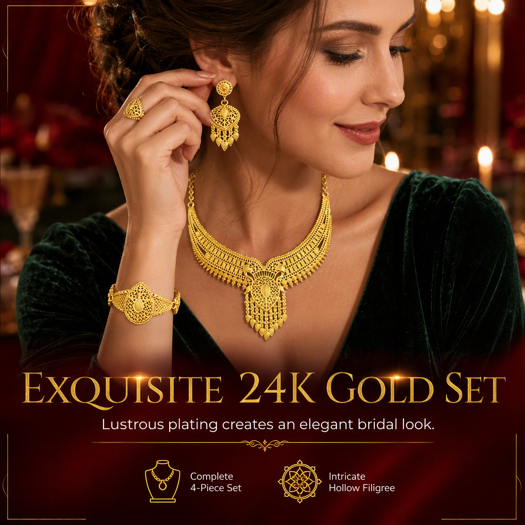 📢📢40% RABATT !! ⏰24K guldbelagd bröllopssmyckeset i Dubai-indisk stil halsband armband ring och örhängen set för kvinnor