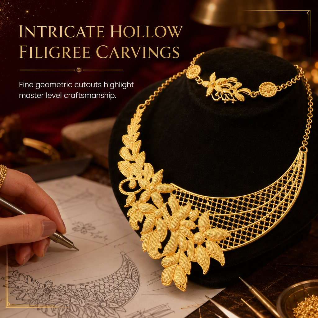 📢📢40% RABATT !! ⏰24K guldbelagd bröllopssmyckeset i Dubai-indisk stil halsband armband ring och örhängen set för kvinnor