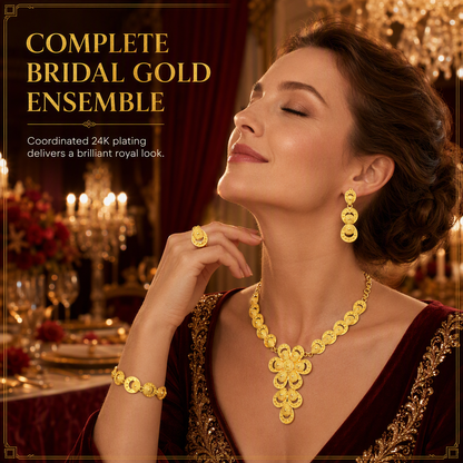 📢📢40% RABATT !! ⏰24K guldbelagd bröllopssmyckeset i Dubai-indisk stil halsband armband ring och örhängen set för kvinnor