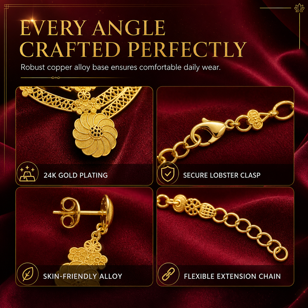 📢📢40% RABATT !! ⏰24K guldbelagd bröllopssmyckeset i Dubai-indisk stil halsband armband ring och örhängen set för kvinnor