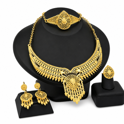 📢📢40% RABATT !! ⏰24K guldbelagd bröllopssmyckeset i Dubai-indisk stil halsband armband ring och örhängen set för kvinnor