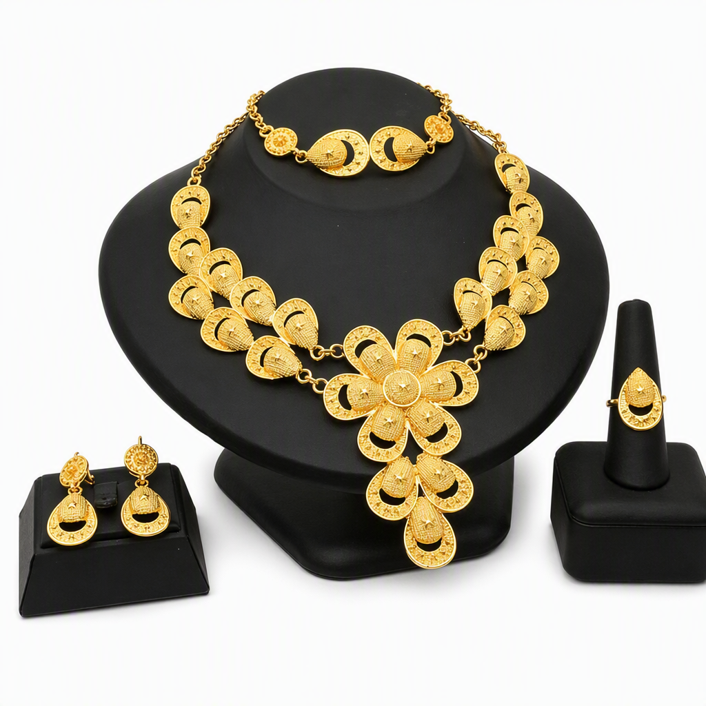 📢📢40% RABATT !! ⏰24K guldbelagd bröllopssmyckeset i Dubai-indisk stil halsband armband ring och örhängen set för kvinnor
