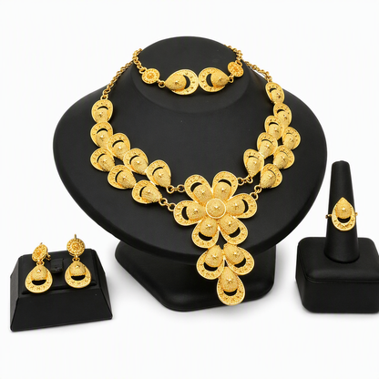 📢📢40% RABATT !! ⏰24K guldbelagd bröllopssmyckeset i Dubai-indisk stil halsband armband ring och örhängen set för kvinnor