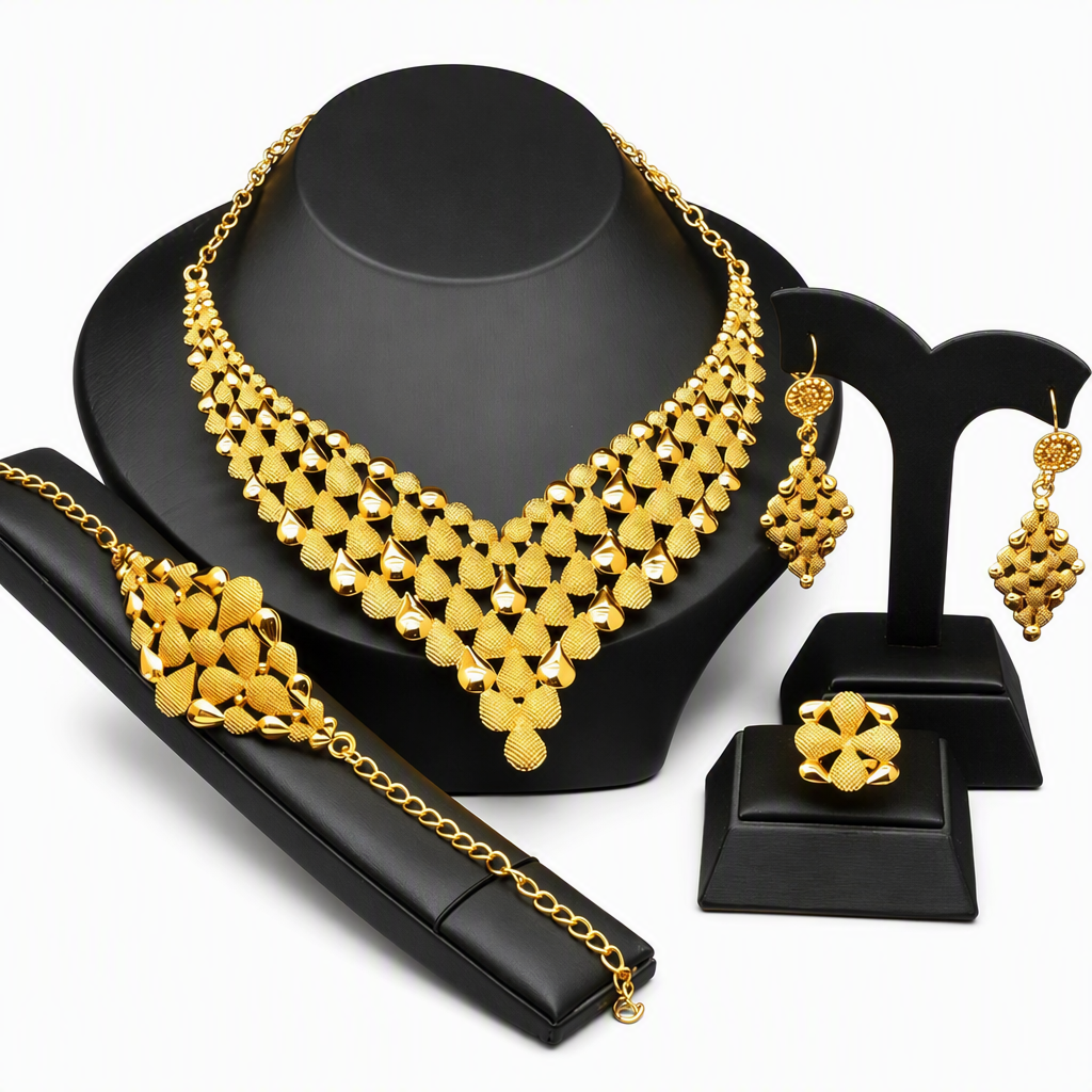 📢📢40% RABATT !! ⏰24K guldbelagd bröllopssmyckeset i Dubai-indisk stil halsband armband ring och örhängen set för kvinnor