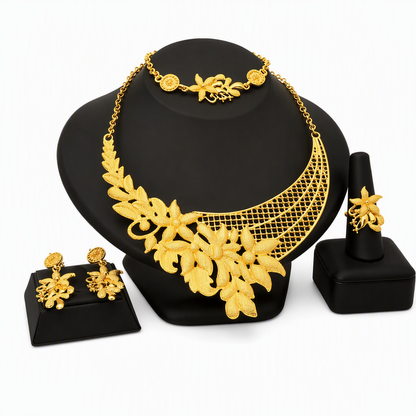 📢📢40% RABATT !! ⏰24K guldbelagd bröllopssmyckeset i Dubai-indisk stil halsband armband ring och örhängen set för kvinnor