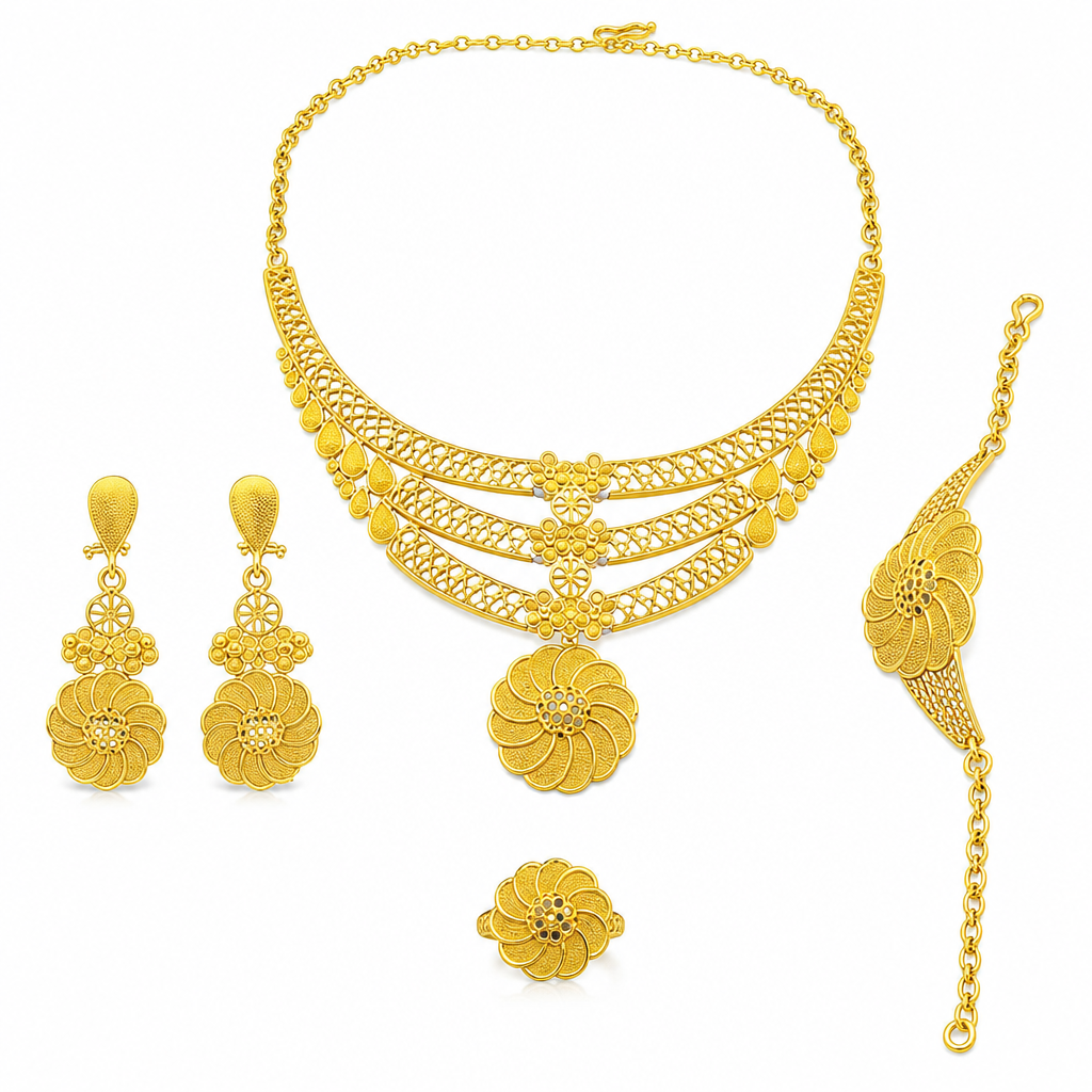 📢📢40% RABATT !! ⏰24K guldbelagd bröllopssmyckeset i Dubai-indisk stil halsband armband ring och örhängen set för kvinnor