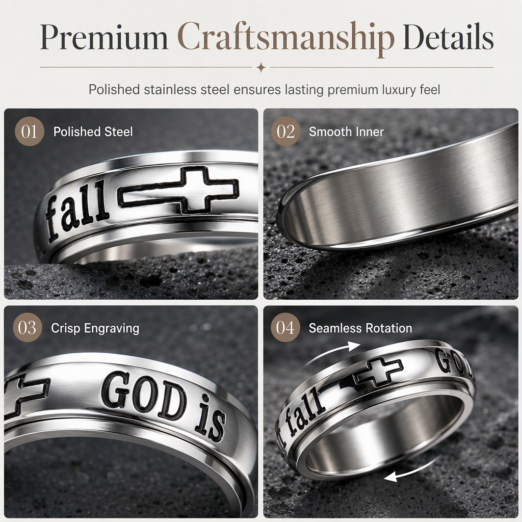 📢📢50% RABATT !! ⏰Silvrig spinnerring i titanstål med graveringen God Is Within Her She Will Not Fall