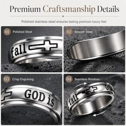 📢📢50% RABATT !! ⏰Silvrig spinnerring i titanstål med graveringen God Is Within Her She Will Not Fall