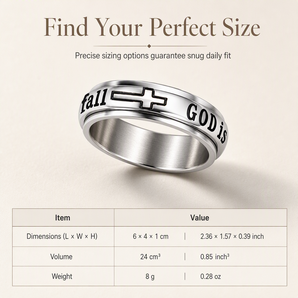 📢📢50% RABATT !! ⏰Silvrig spinnerring i titanstål med graveringen God Is Within Her She Will Not Fall